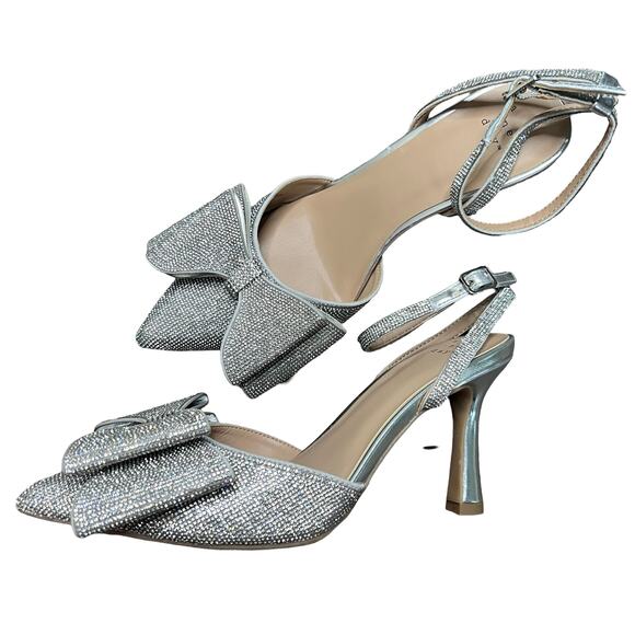 A NEW DAY Julia Rhinestone Bow Heels Silver - Picture 1 of 5